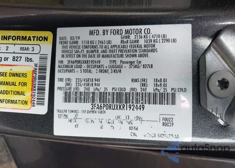 2019 Ford Fusion Hybrid Titanium z USA, uszkodzony, nr VIN 3FA6P0RUXKR192449